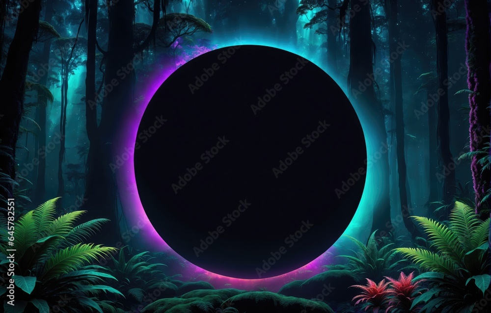 Black circle in a jungle with palm trees, ferns, rocks, and plants under a purple sky