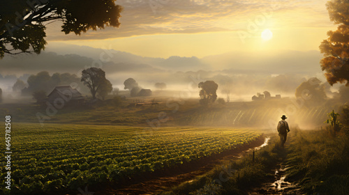 people walking in the field at sunset  agriculture  landscape nature  field  silhouette  tree  fog  clouds  grass  morning  meadow  summer  dawn  cloud  beach  mist  trees  people  travel  mountain