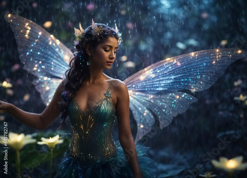 Beautiful fairy with bright, iridescent wings and long hair moves through an enchanted forest in a fantasy world.