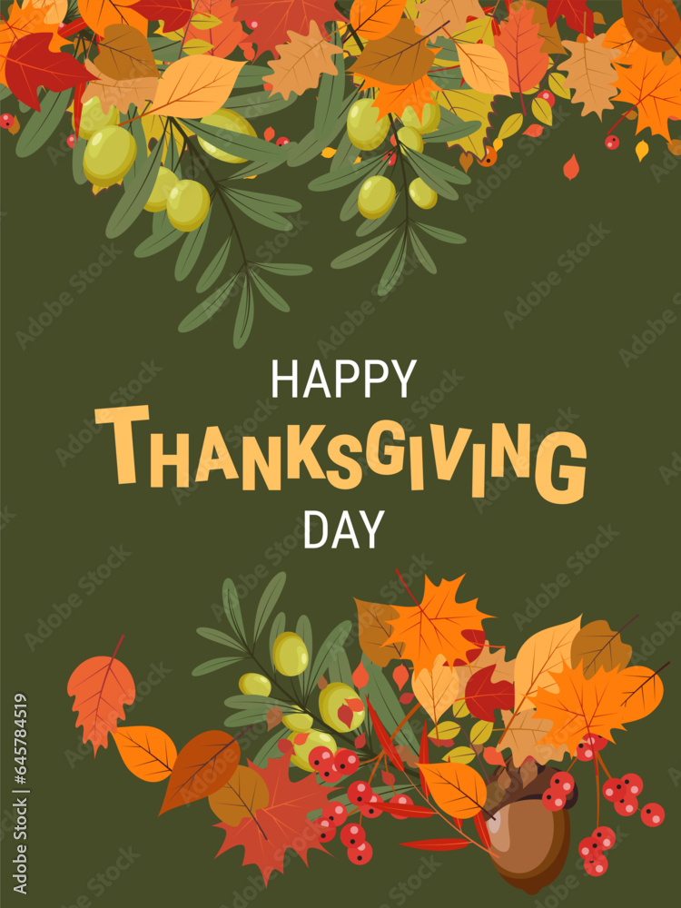 Naklejka premium Happy Thanksgiving Day cartoon style vector illustration. Design for banner, flyer, invitation card, coupon, voucher