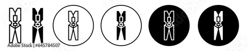 Peg line icon. Cloth hanging pin clamp symbol. Clothesline clip to hold on string rope vector. Household equipment to bundle up cloth sign.  