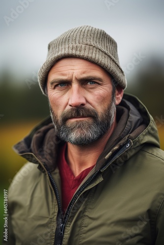 Candid close up outdoor portrait of an average looking modern middle-aged woodworker - craftsman 