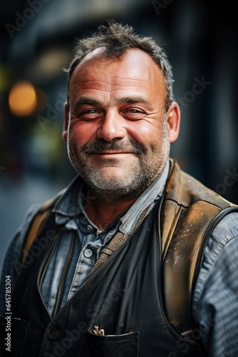 Candid close up natural outdoor portrait of an average looking modern middle aged smiling industrial worker
