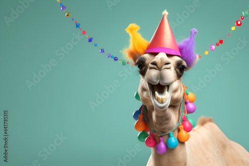Fototapeta Naklejka Na Ścianę i Meble -  Creative animal concept. Camel in party cone hat necklace bowtie outfit isolated on solid pastel background advertisement, copy text space. birthday party invite invitation
