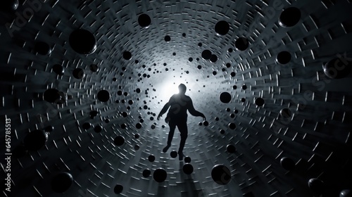 Person surrounded by a vortex of black spheres, paranoia and depression concept.