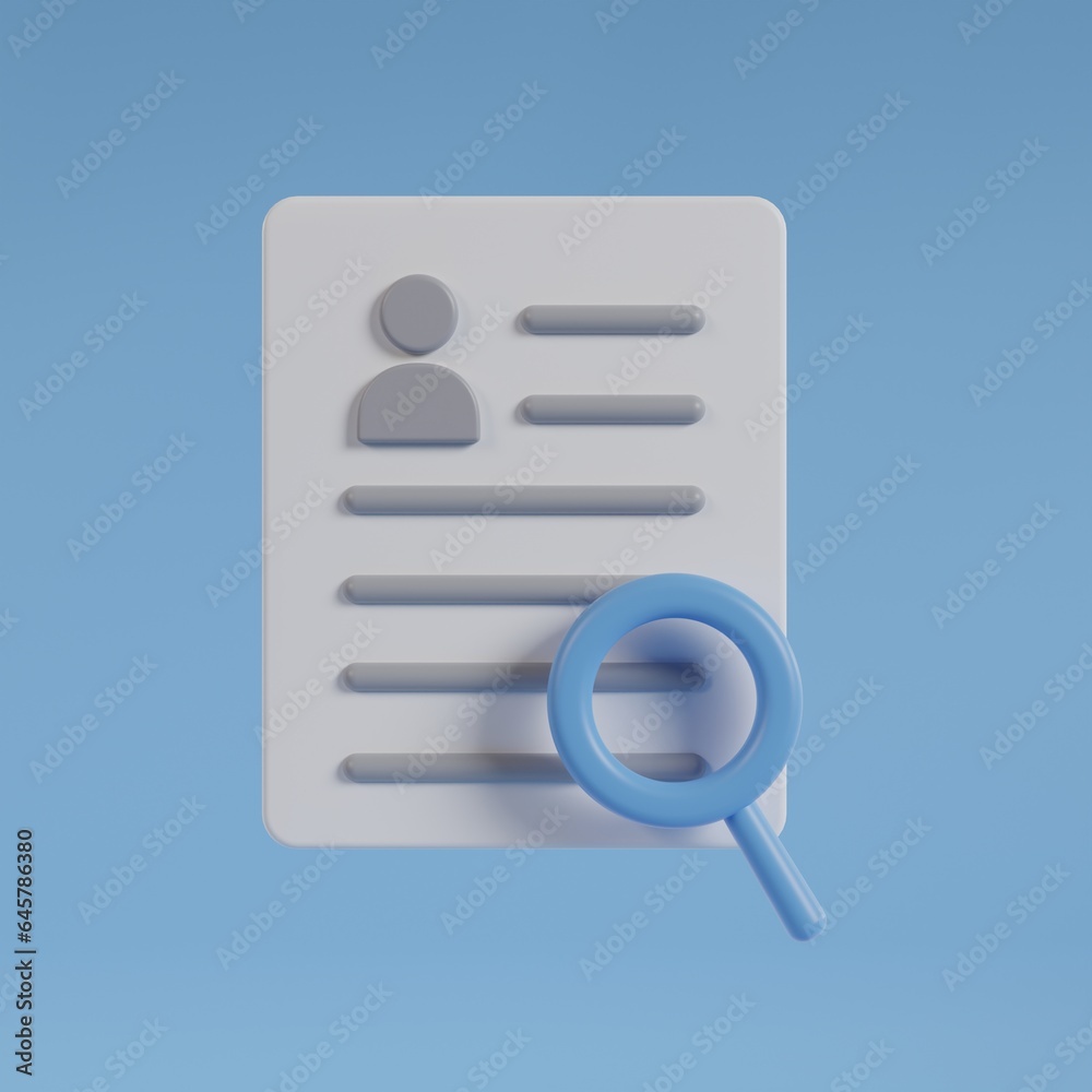 3d magnifying glass and document research list icon on blue background. 3d render illustration. 3d magnifying glass and document research list icon on blue background. 3d render illustration.