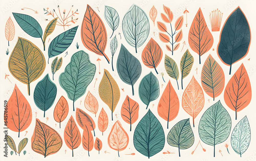 Fototapeta premium Pastel-colored leaves and branches on white background, Generative AI