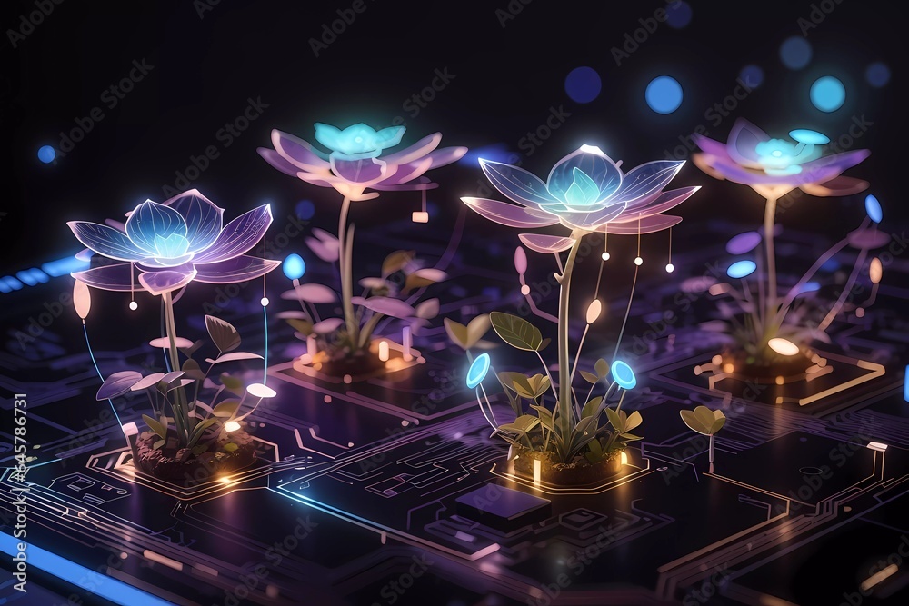 beautiful glowing flower plants growing on cities representing digital ...