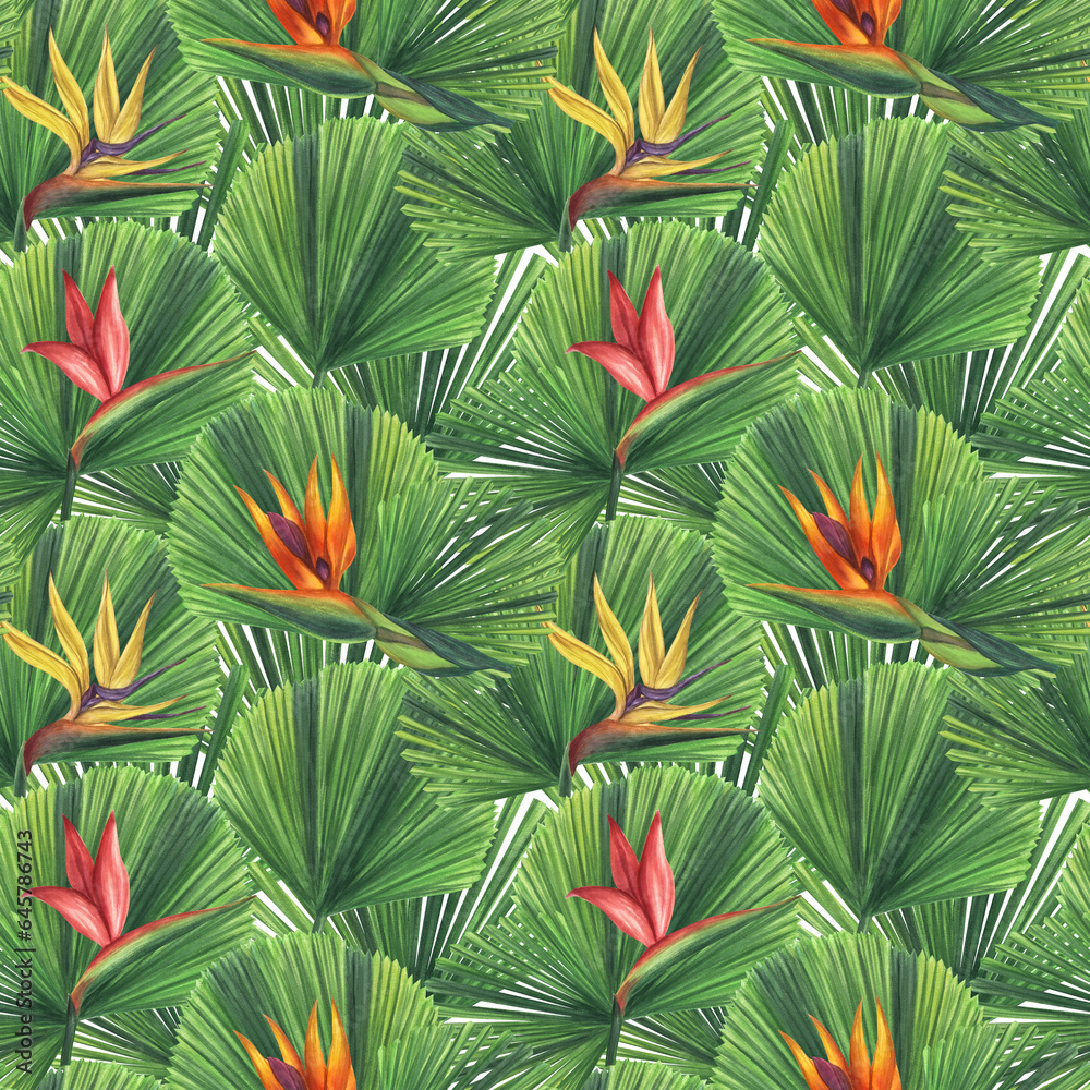 Fototapeta premium Seamless endless tropical pattern. Pink yellow orange strelitzia flower, bird of paradise, licuala leaf. Hand-drawn watercolor illustration white background. For textiles, wrapping paper, wallpaper