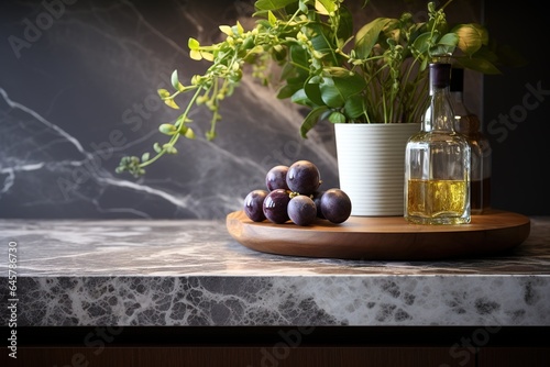 A beautiful closeup of a custom designed kitchen, with marble looking quartz countertop and backsplash. Decorated by marble cheese board and little indoor planter