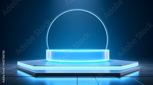 Technological Studio Background with Neon Panels in sky blue Colors. Futuristic Podium for Product Presentation 