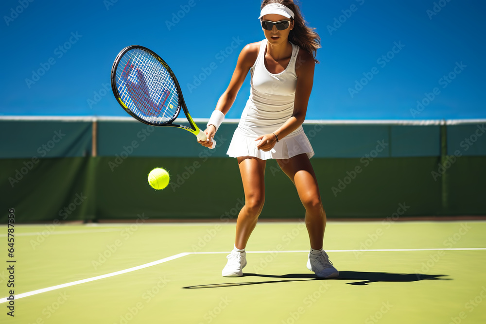 Female tennis player playing tennis on sunny green tennis court