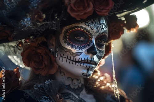 girl with a painted face and a wide-brimmed hat for the Day of the Dead holiday in Mexico.