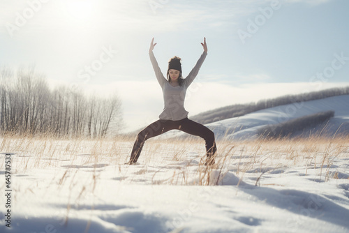Woman exercisin worming up on the snow during the winter. High quality photo