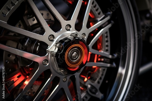 Close up of a modern sport wheel with red brake  rim of sports car