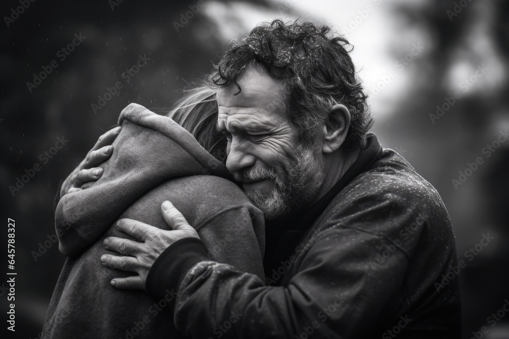 Black and white photograph of a father hugging his son. Black and white photograph of a father hugging his son.