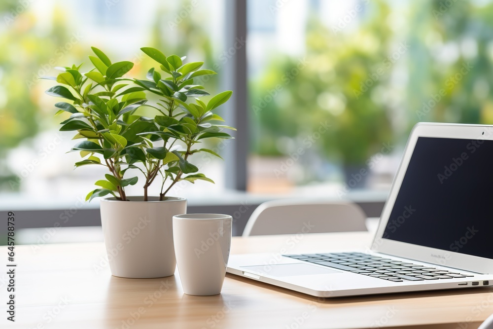 Close up view of simple workspace with laptop, notebooks, coffee cup and tree pot on white table with blurred office room background Close up view of simple workspace with laptop, notebooks, coffee cup and tree pot on white table with blurred office room background