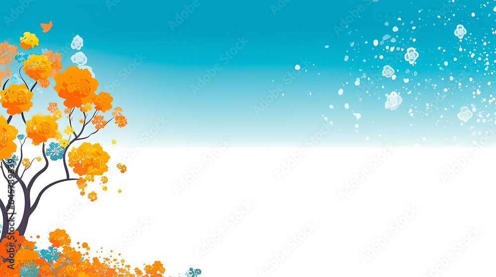 Greeting card template with a minimalist autumn landscape featuring a lonely tree with yellow foliage against a background of blue and white sky. Greeting card template with a minimalist autumn landscape featuring a lonely tree with yellow foliage against a background of blue and white sky.