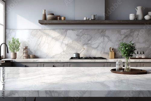 Obraz na płótnie Close-up Marble granite kitchen counter island for product display on modern bright and clean kitchen space