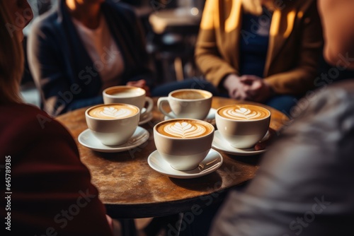 Friends sitting at a table with cups of coffee with painted flowers.