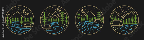 Collection of camping and mountain illustration with monoline or line art style black background, design can be for t-shirts, sticker, printing needs