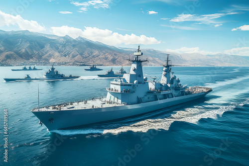 Modern military naval warships in open sea. Military naval exercises