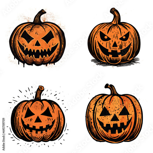 Orange Scary Halloween Jack’O’Lantern Pumpkins Block Print Illustration Transparent Background