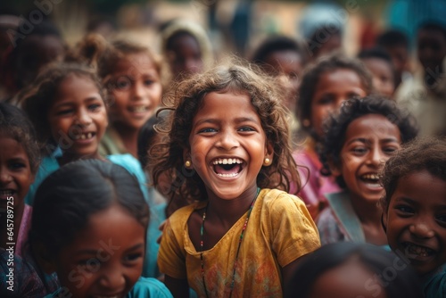 A crowd of Indian young children laughing.