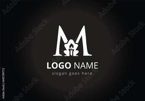 letter M monogram alphabet With Candle Logo  Design Vector Template.