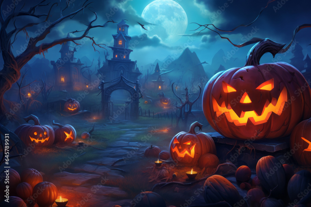 Pumpkins In Graveyard In The Spooky Night - Halloween Backdrop Pumpkins In Graveyard In The Spooky Night - Halloween Backdrop