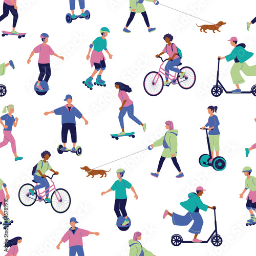 Seamless vector pattern of the outdoor activities in flat style on the white background.People running,walking dog,roller skating,skateboarding,bicycling, using electric scooter, monocycle,hoverboard.