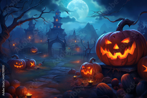 Pumpkins In Graveyard In The Spooky Night - Halloween Backdrop