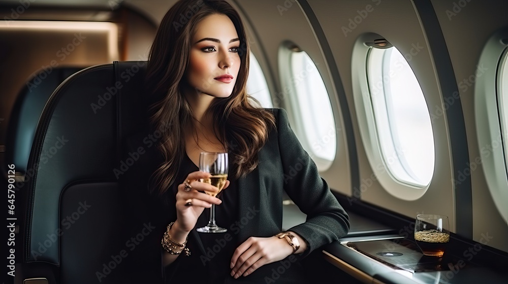 Fototapeta premium Woman with dark hair in elegant cloth at business class plane