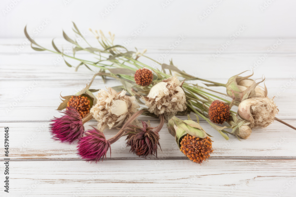 Sanguisorba alpina flower also known as Sanguisorba officinalis in white wooden background. Flowers of burnet at a table. Sanguisorba alpina flower also known as Sanguisorba officinalis in white wooden background. Flowers of burnet at a table.