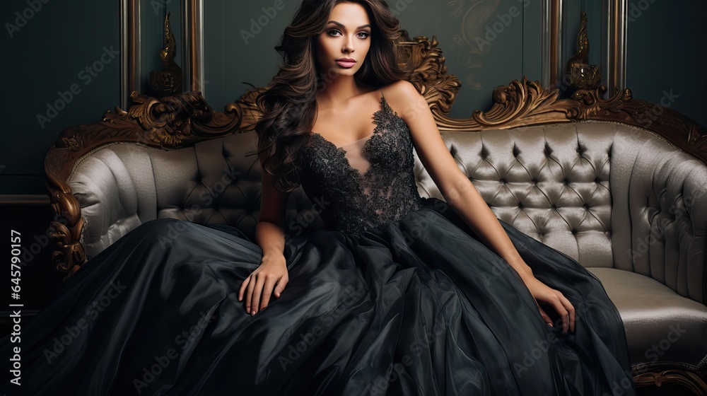 Woman wear elegant cloth, sit on luxury sofa Woman wear elegant cloth, sit on luxury sofa
