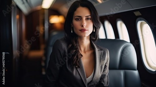Woman with dark hair in elegant cloth at business class plane