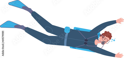 Diver swimming underwater. Scuba diving man in snorkel mask