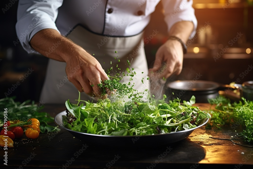 Cropped photo Close-up hands of male cook adding greens finishing dish, decorating meal in the end. gastronomy, food, nutrition, cafe concept Cropped photo Close-up hands of male cook adding greens finishing dish, decorating meal in the end. gastronomy, food, nutrition, cafe concept