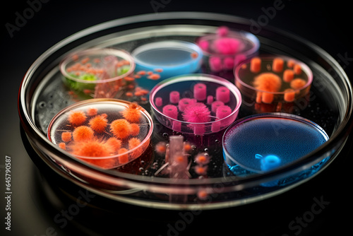 Bacteria and fungi growing in a petri dishes on black background. Generative AI photo