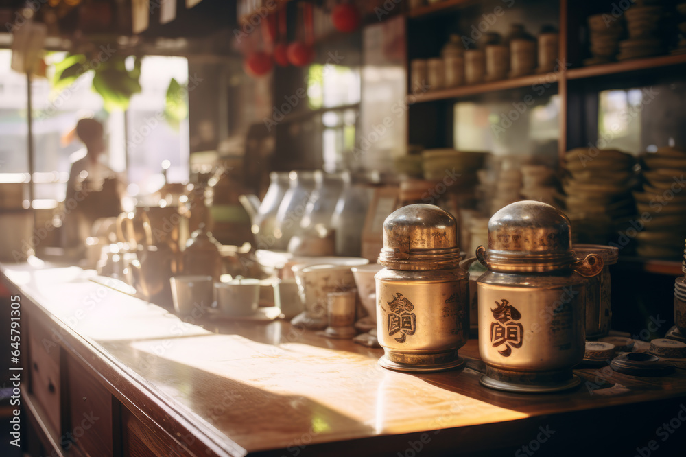 Traditional Chinese Tea shop, counter. Natural dry drink in glass jars Traditional Chinese Tea shop, counter. Natural dry drink in glass jars