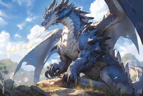 Great dragon sitting on a rock realistic high quality image in day light