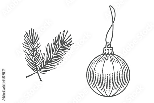 Christmas tree ball, ornament. Sprig of spruce. Christmas decoration. Hand drawn engraving style illustrations.