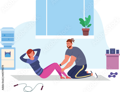 Man helping woman make abs exercise training