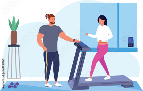 Woman running on treadmill with personal fitness couch