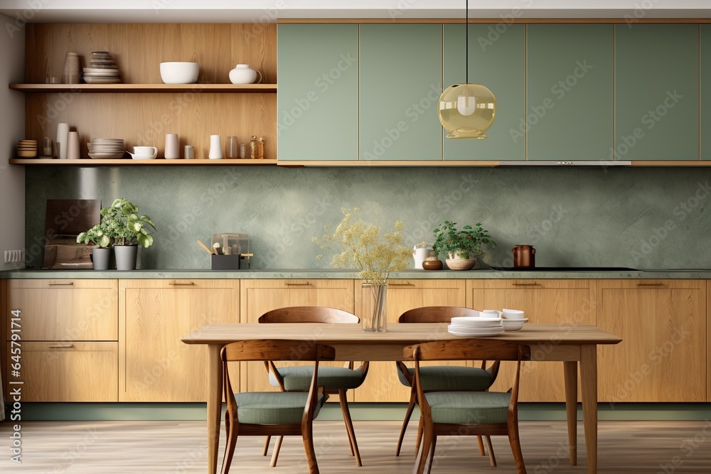 japandi modern scandinavian style apartment interior, kitchen design, decoration with green pastel counter and wooden cabinet, marble counter top. 3d rendering close up kitchen counter interior