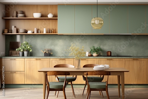 japandi modern scandinavian style apartment interior, kitchen design, decoration with green pastel counter and wooden cabinet, marble counter top. 3d rendering close up kitchen counter interior