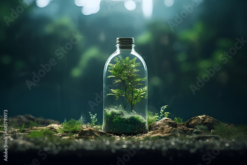 glass bottle in the forest. empty used trash bottle ecology environment. generative AI