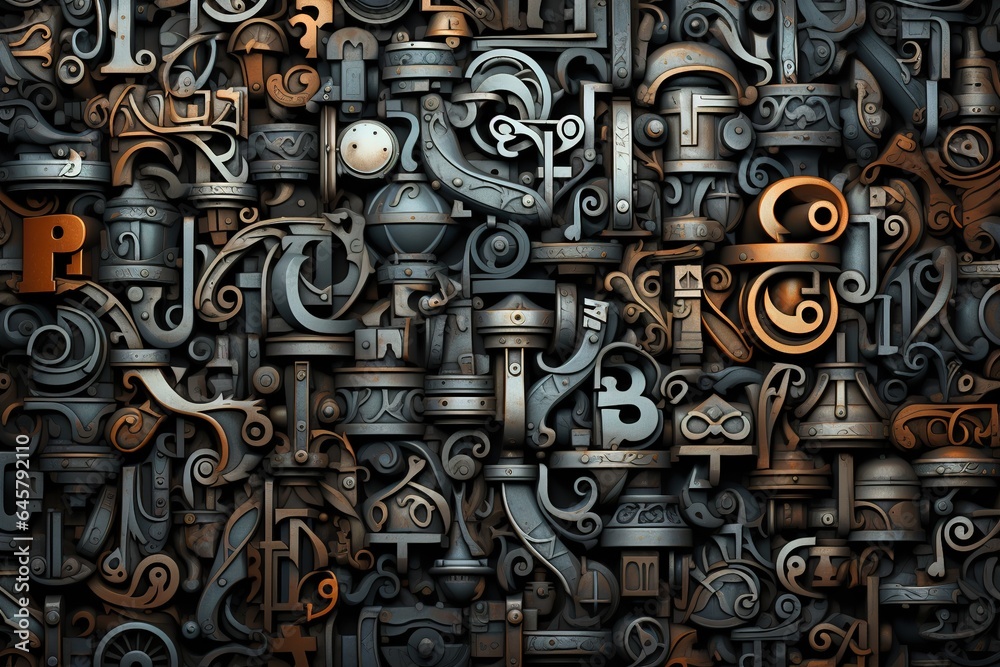 Letterpress background, close up of many old, random metal letters with copy space Letterpress background, close up of many old, random metal letters with copy space