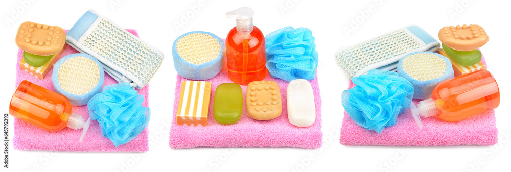 Towel, soap, shampoo isolated on white