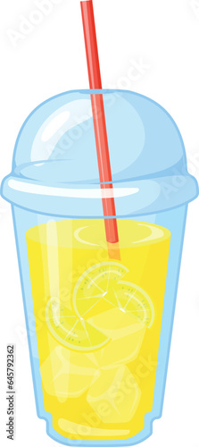 Lemonade in plastic cup with red straw. Cartoon drink icon